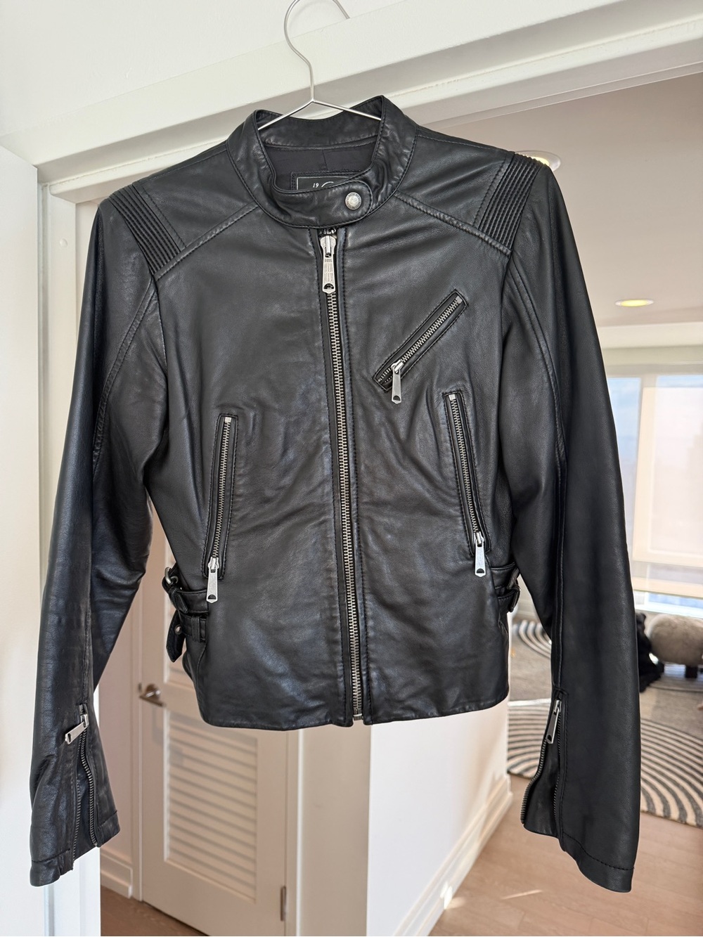 Diesel Black Leather Moto Jacket Ribbed Panels Sheepskin Size S